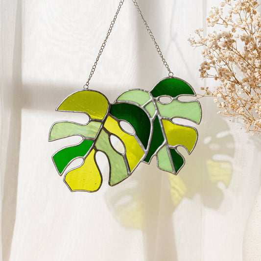 Set of 2 Monstera Leaves Stained Glass F58