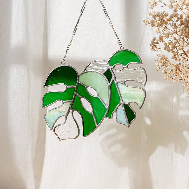 Set of 2 Monstera Leaves Stained Glass F58