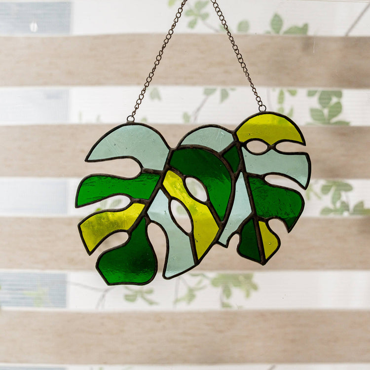 Set of 2 Monstera Leaves Stained Glass F58