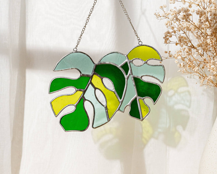 Set of 2 Monstera Leaves Stained Glass F58