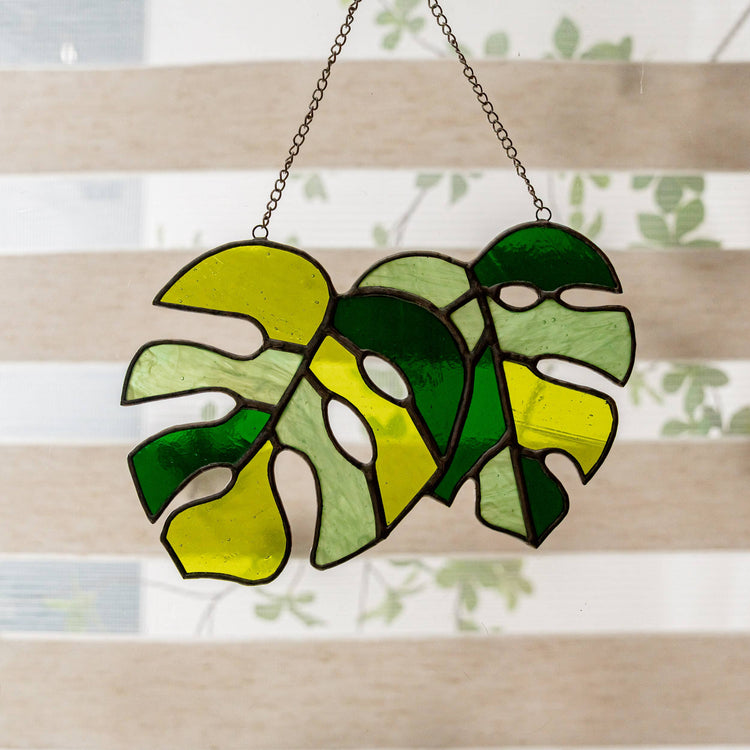 Set of 2 Monstera Leaves Stained Glass F58