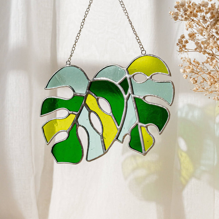 Set of 2 Monstera Leaves Stained Glass F58