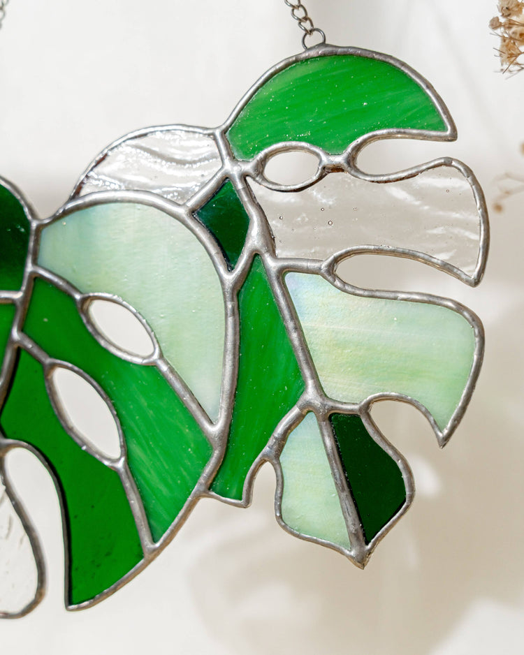 Set of 2 Monstera Leaves Stained Glass F58