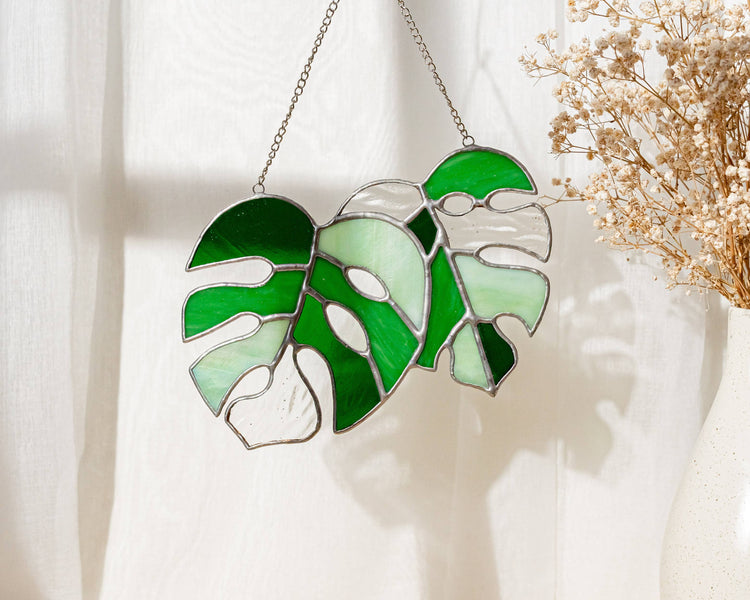 Set of 2 Monstera Leaves Stained Glass F58