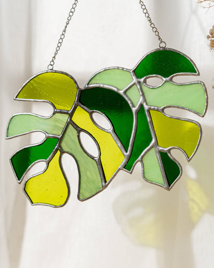 Set of 2 Monstera Leaves Stained Glass F58
