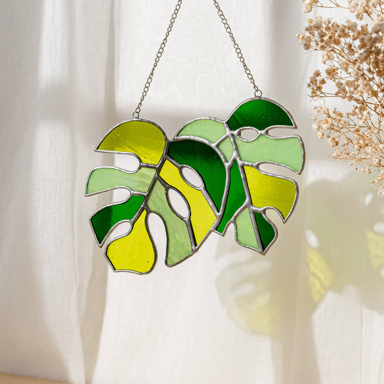 Set of 2 Monstera Leaves Stained Glass F58