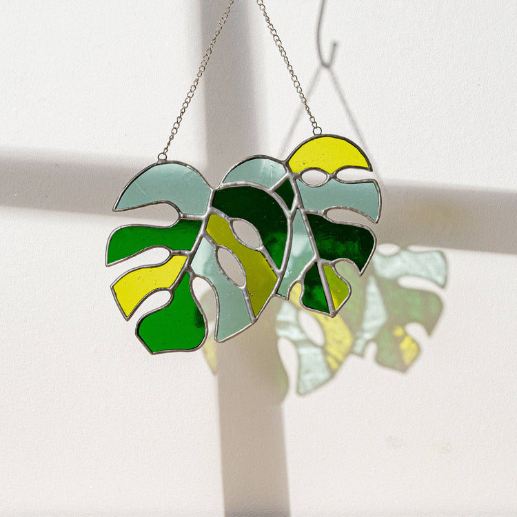 Set of 2 Monstera Leaves Stained Glass F58